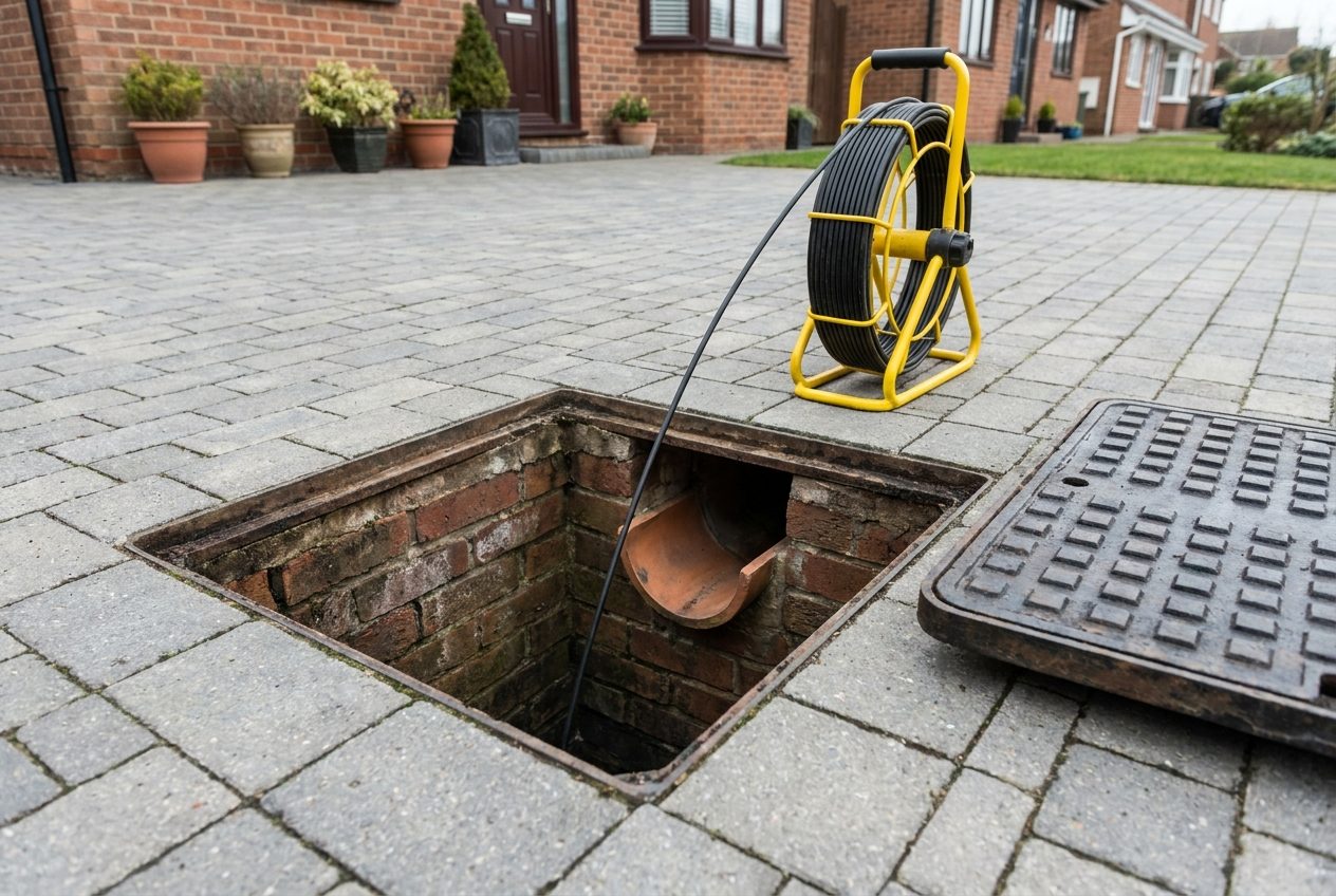 An open brick inspection chamber in a block-paved driveway, its ribbed cast-iron cover lifted to one side and a yellow drain camera reel feeding a cable down into it.